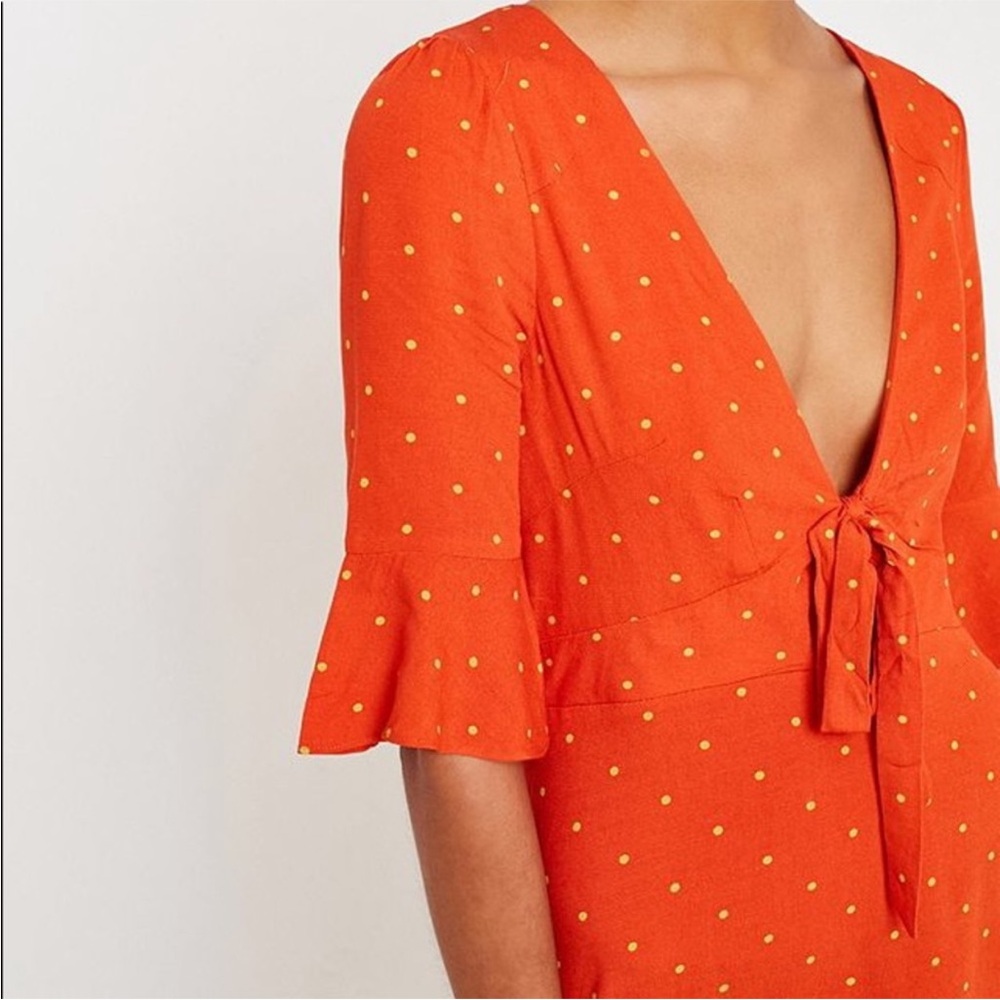Free People All Yours Polka Dot Plunging Neckline Mini Dress Orange Size 10 - Picture 3 of 9